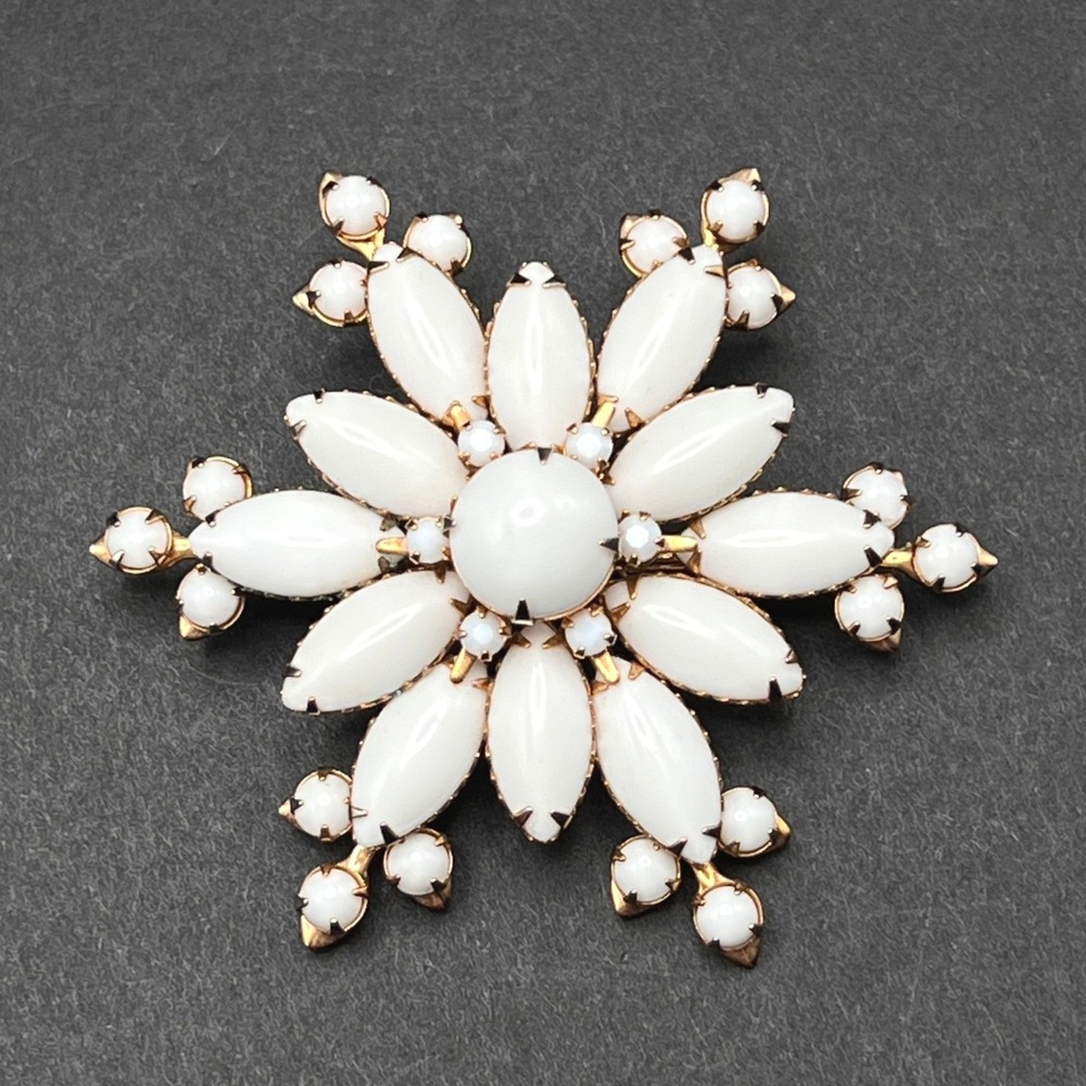 Vintage Milk Glass Brooch Gold Tone White Snowflake Mid Century Domed Large 2.5"
